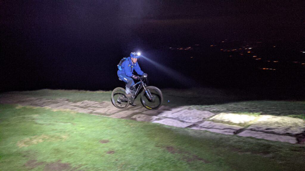 Riding the flagstones from Hollins Cross  up towards Mam Tor at night